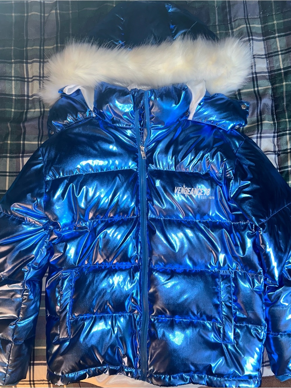 Vengeance78 - Vengeance of Cincy Puffer Jacket - Metallic Blue & Orange - NWOT